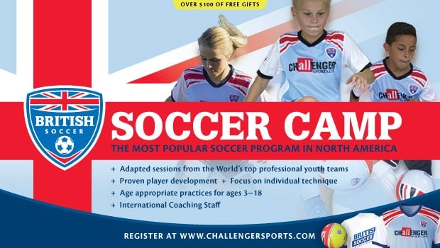 REGISTER FOR CAMP & GET A JERSEY, BALL, T SHIRT & NEW SKILLS APP AND 20 FREE VIDEOS! Register now and get your free British Soccer game jersey (value $34.95) shipped immediately, USE CODE BSC18 @ChallengerCamps  